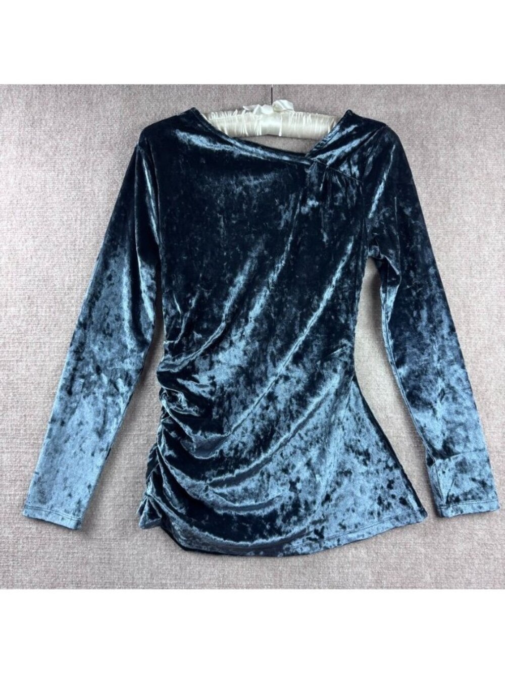 Betabrand Crushed Velvet Ruched Long Sleeve Top XS Ink Blue Goth Glam Moody